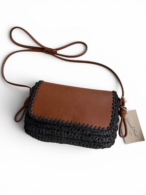 Universal Thread Black Woven & Brown Leather Flap Crossbody Bag